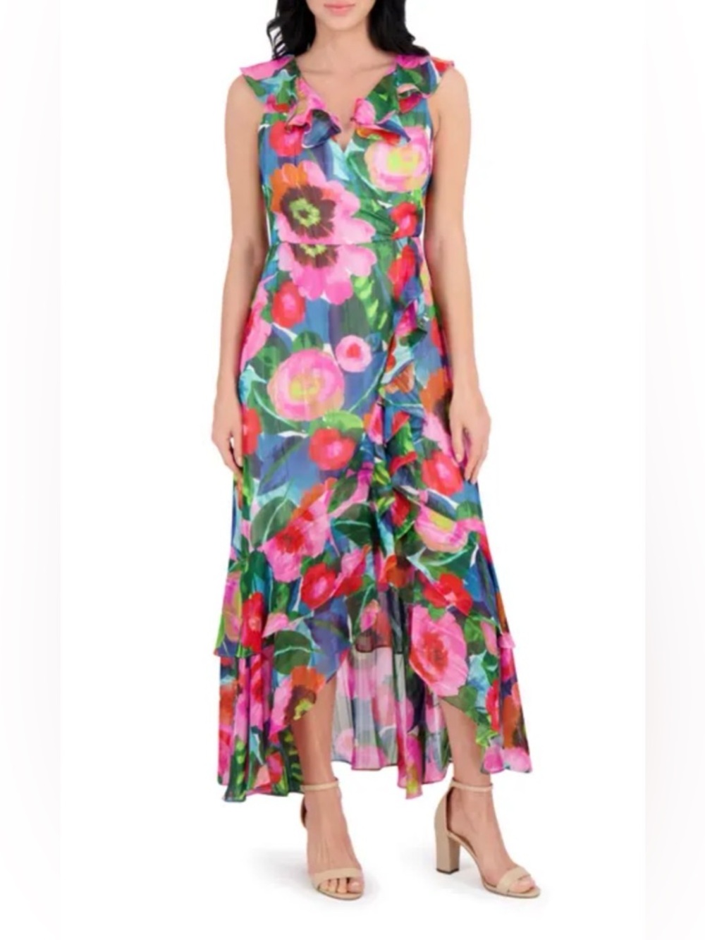 Kensie Women’s Floral Ruffle High-Low Maxi Dress in Pink, Green & Blue